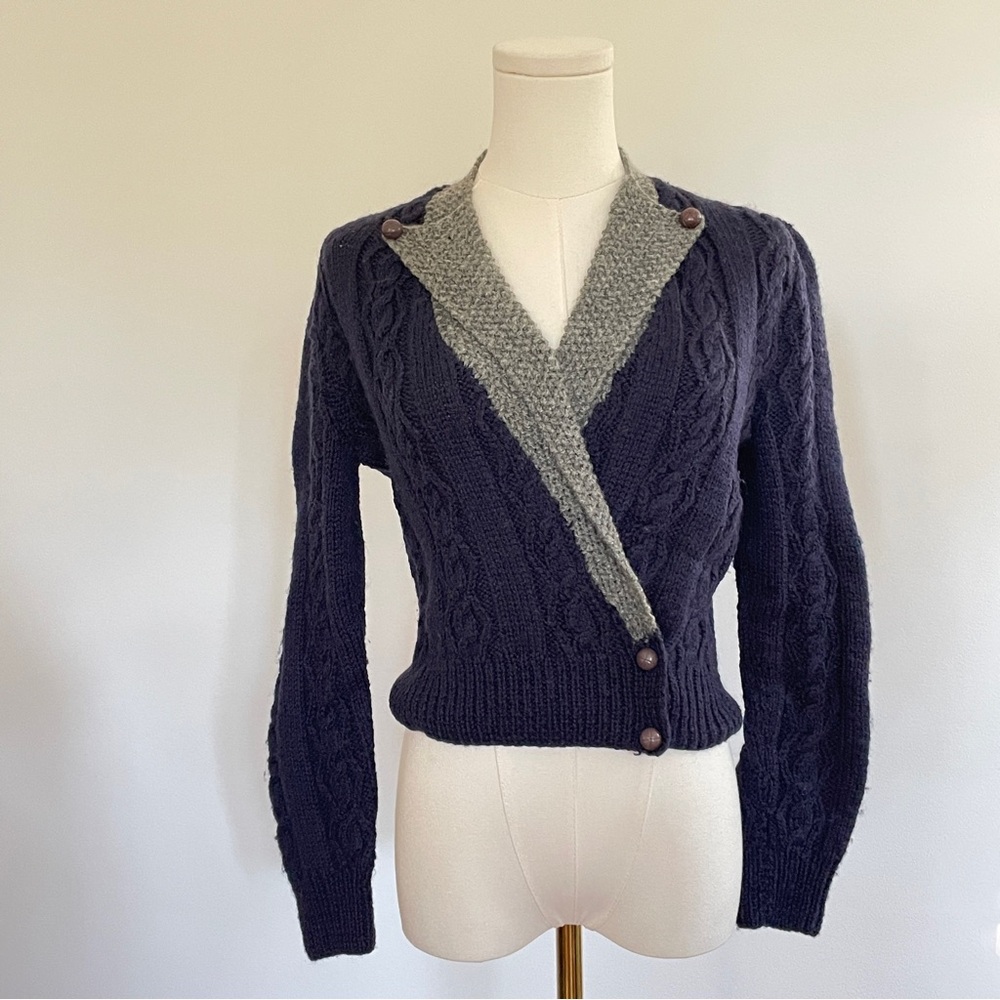 Vintage Berek Hand Knit Wool Cardigan Cropped Women S Two Tones Cable Knit Y2K
